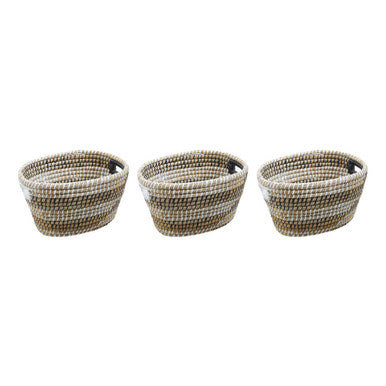 Three oval straw baskets in natural beige and dark brown woven pattern perfect for stylish storage