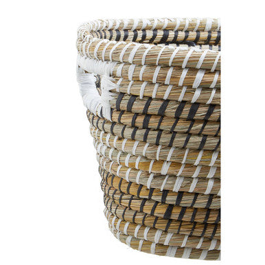 Woven basket from lidi set of three oval straw baskets with beige black stripes and white accents on rim and handles