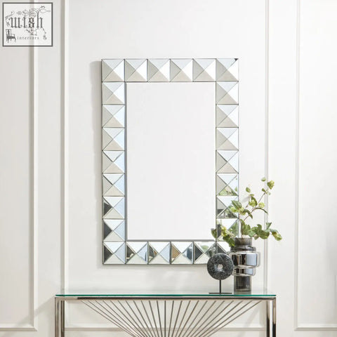 Lidia 3d effect rectangular wall mirror with interlocking silver-toned triangular mirrored frame for modern decor