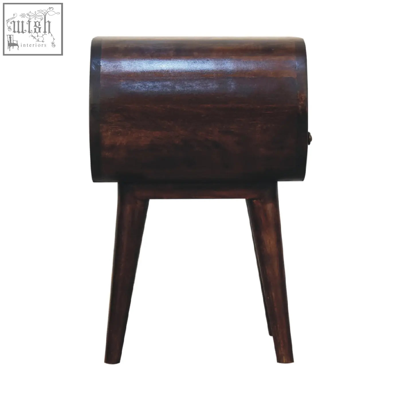 Dark brown wooden circular bedside table with tapered legs and open slot in light walnut style