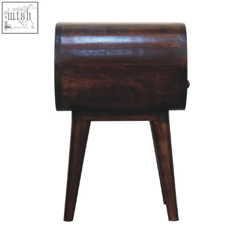 Dark brown wooden circular bedside table with tapered legs and open slot in light walnut style