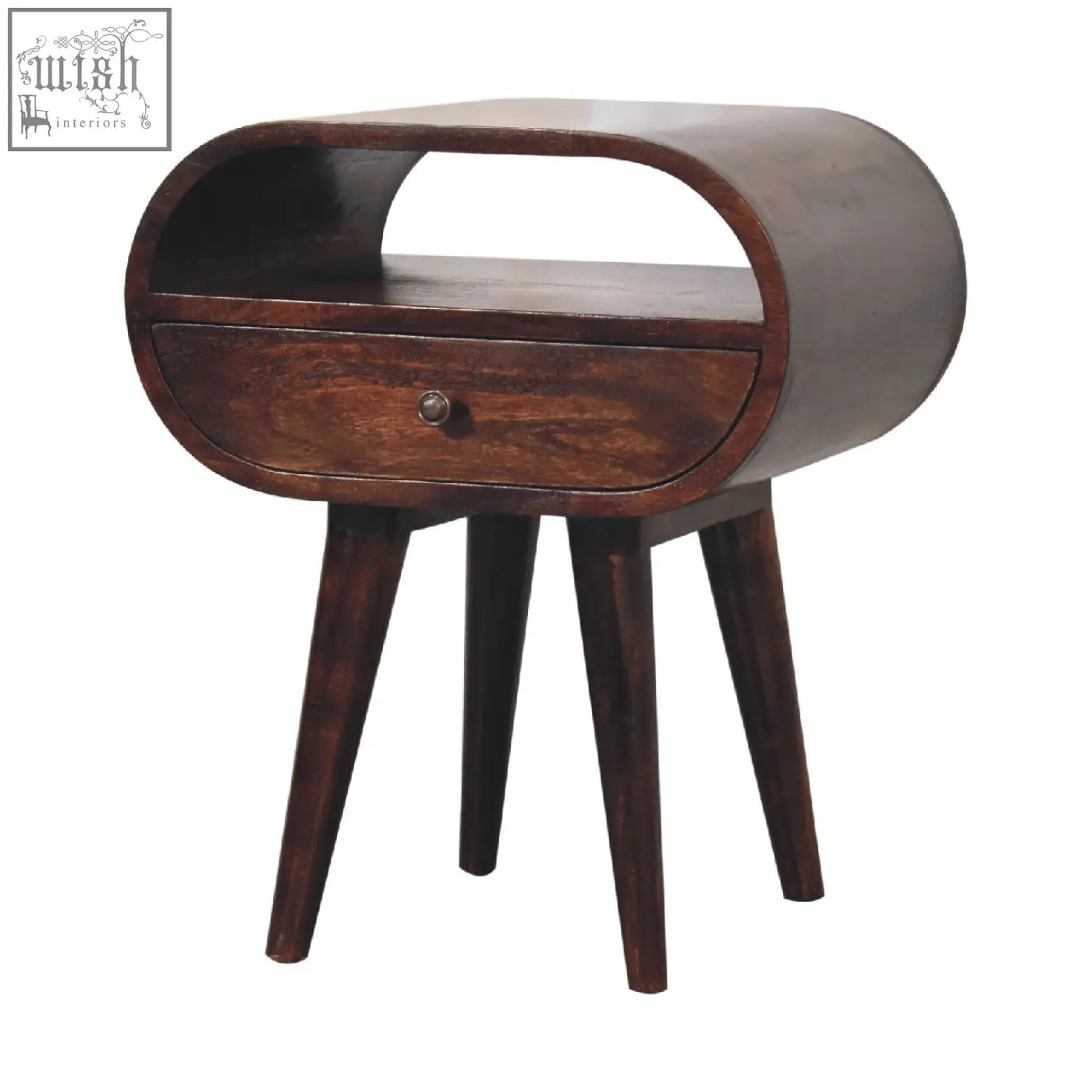 Dark brown wooden nightstand with curved top single drawer and tapered legs for light walnut circular bedside with open slot