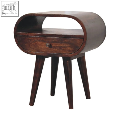 Dark brown wooden nightstand with curved top single drawer and tapered legs for light walnut circular bedside with open slot