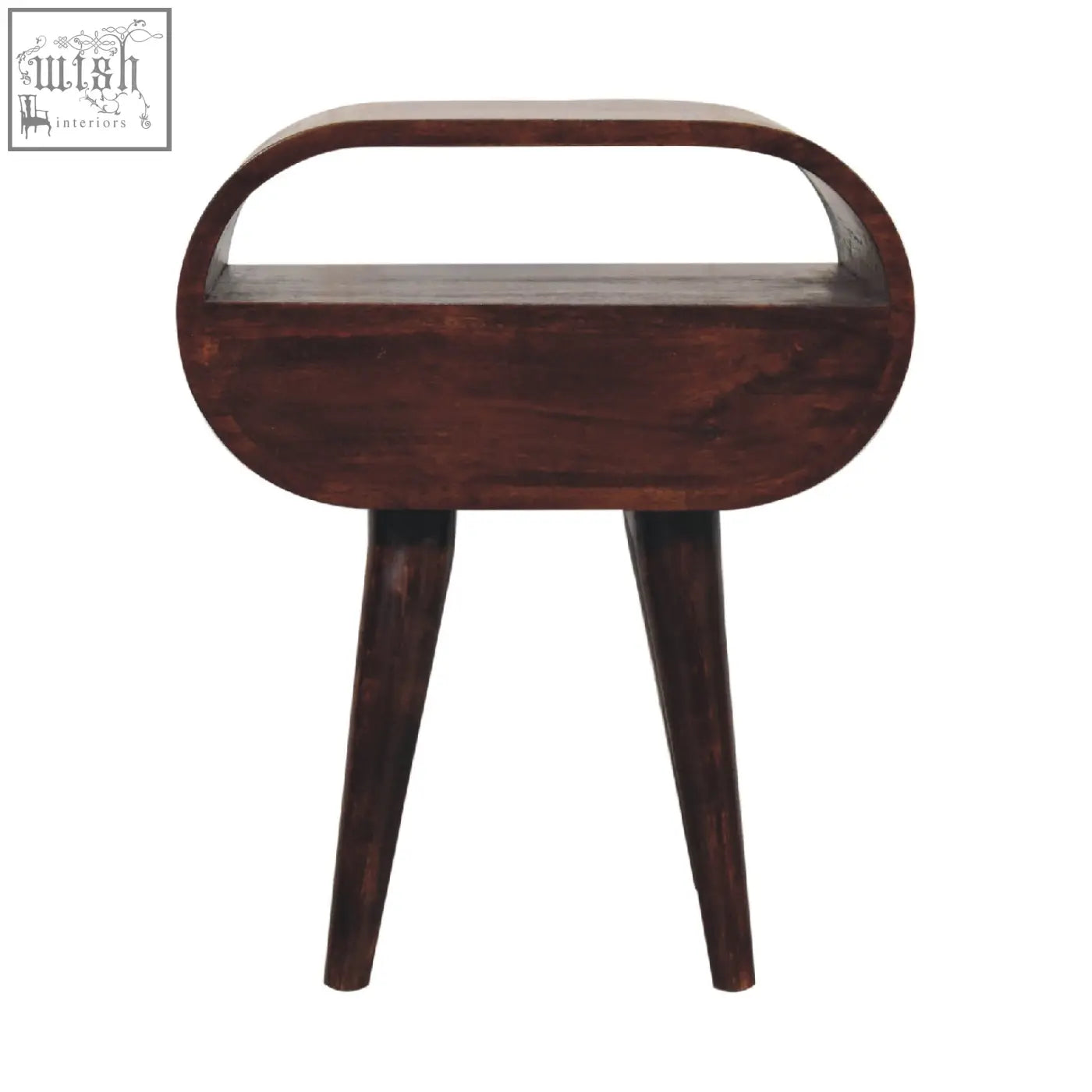 Dark brown wooden side table with curved top and tapered legs styled as a light walnut circular bedside with open slot