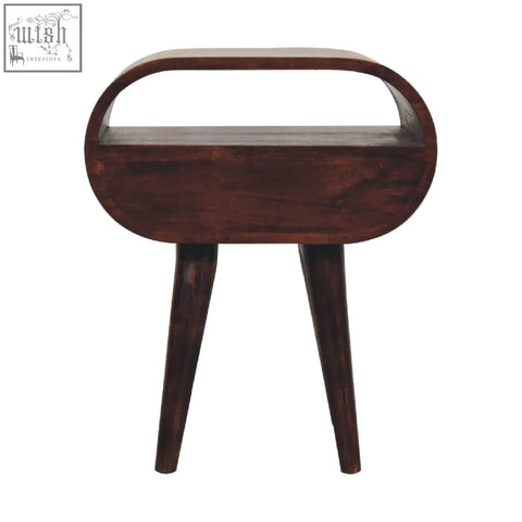 Dark brown wooden side table with curved top and tapered legs styled as a light walnut circular bedside with open slot