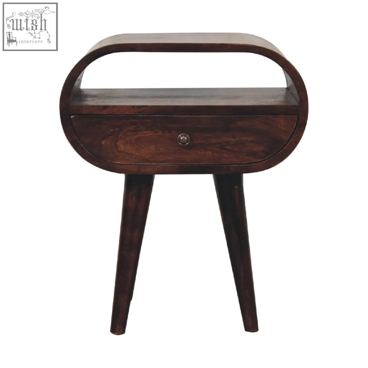 Dark wood nightstand with curved top and single drawer complements light walnut circular bedside with open slot design