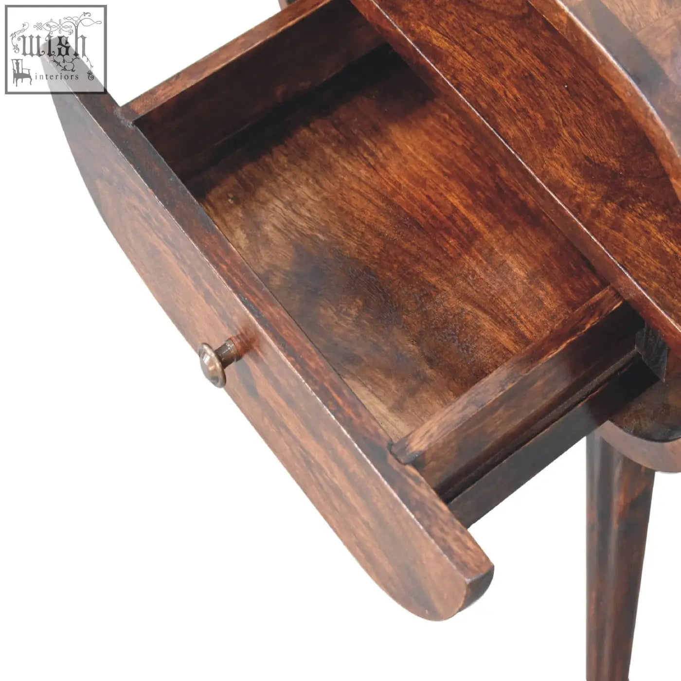 Rich dark brown wooden circular bedside table with curved drawer brass knob and open slot design