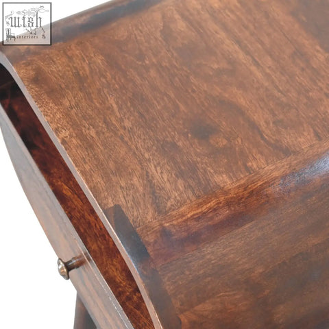 Rich dark brown wooden nightstand with polished finish and visible grain as a light walnut circular bedside open slot table