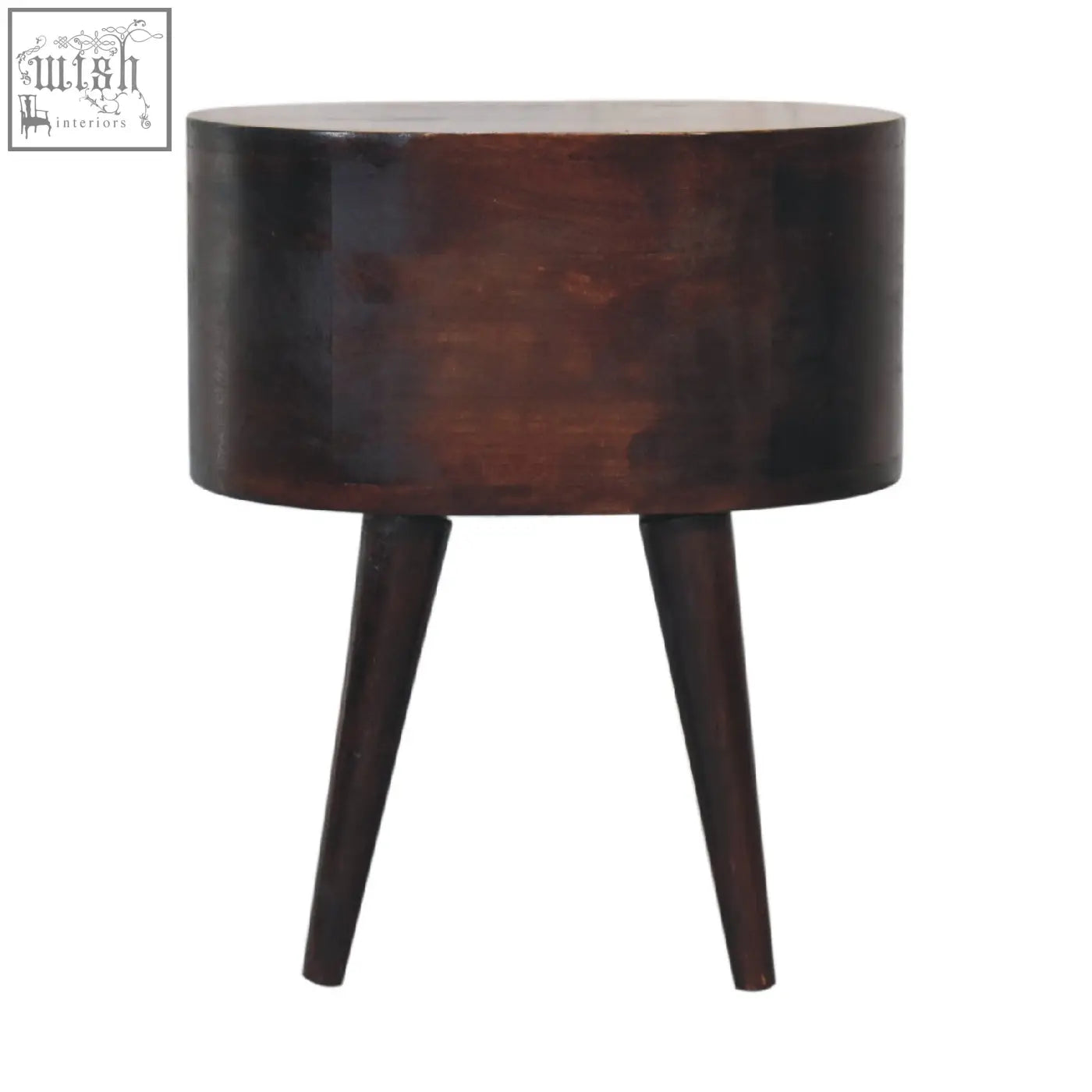 Dark brown cylindrical side table with three tapered legs in light walnut finish made from mango wood bedside table