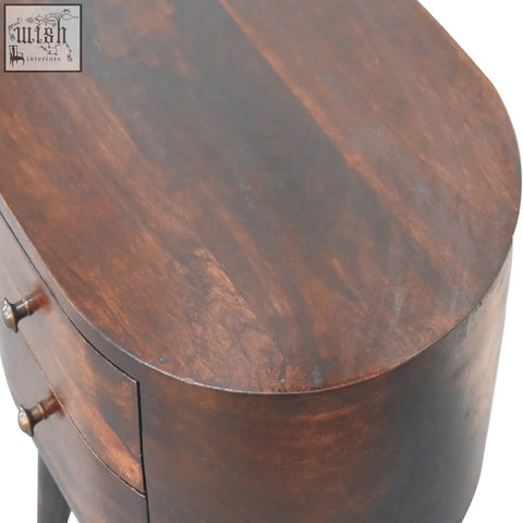 Dark brown wooden console table with curved edges and brass handles in light walnut finish mango wood design