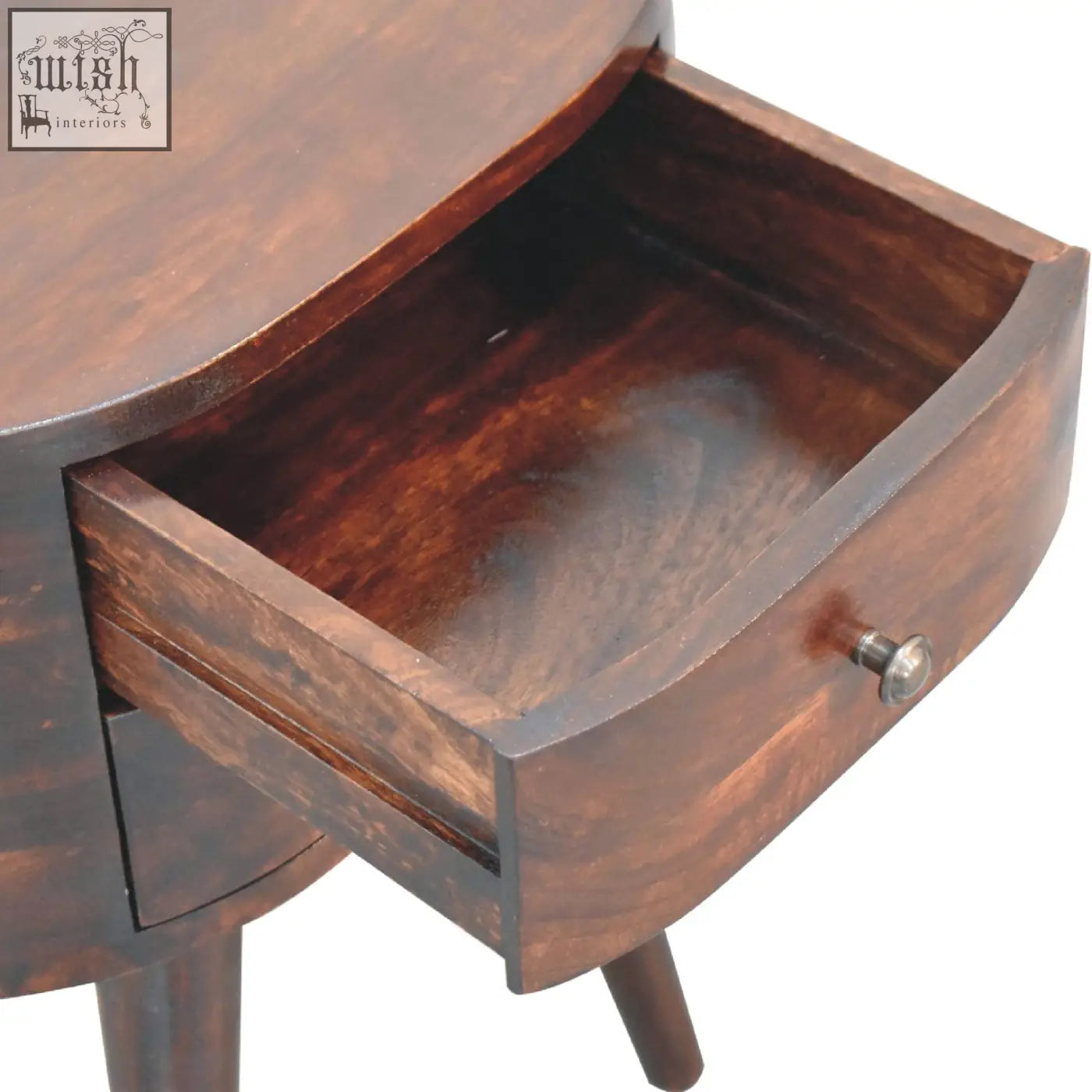 Dark brown light walnut finish rounded bedside table with curved drawer and metal knob made of mango wood