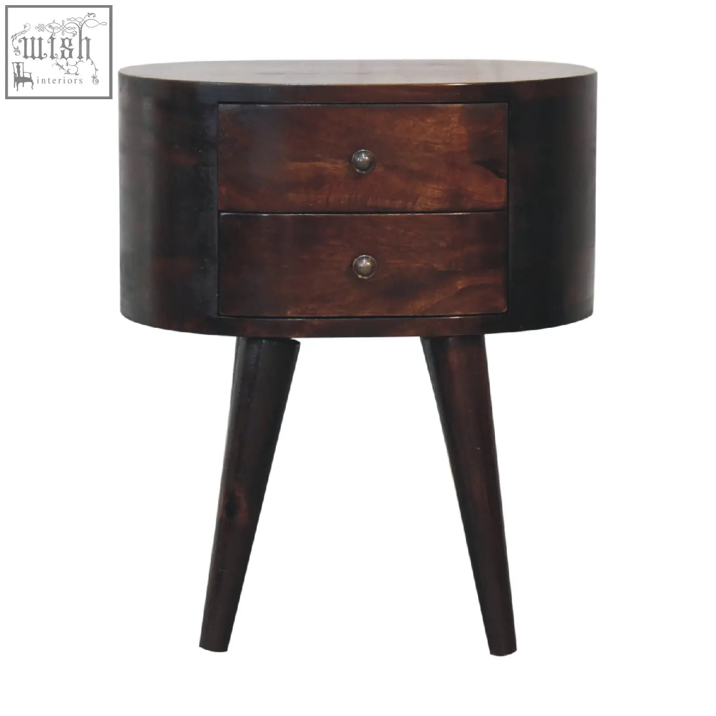 Dark brown wooden nightstand with two drawers and tapered legs in light walnut finish mango wood bedside table