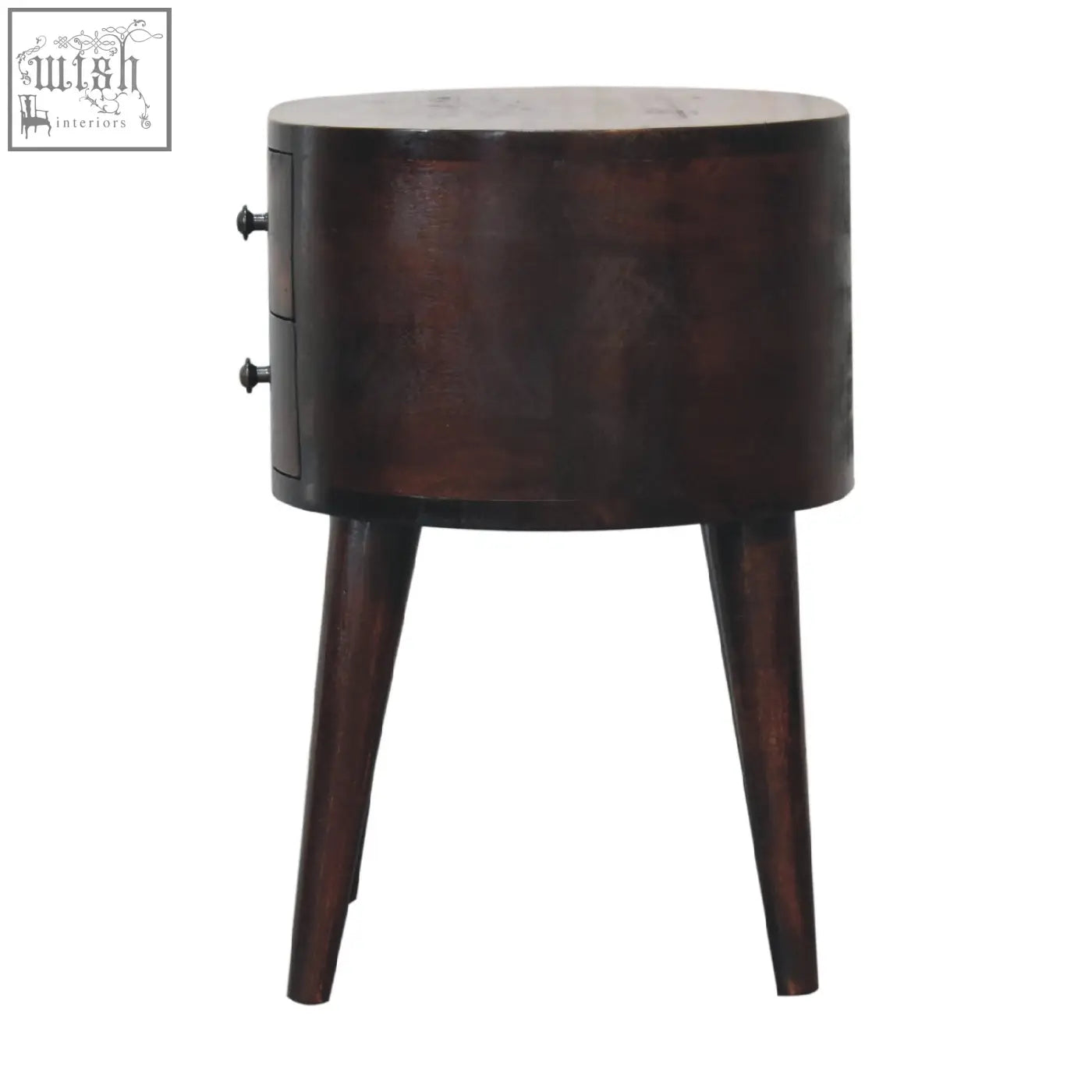 Dark brown wooden nightstand with two drawers and tapered legs in a light walnut finish mango wood bedside table