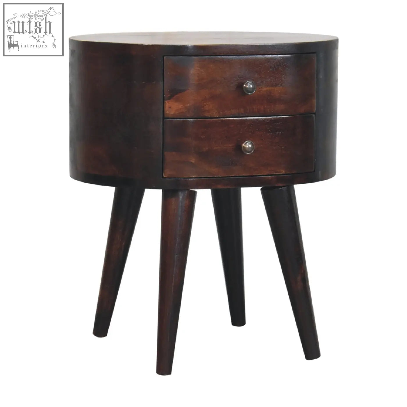 Dark brown wooden nightstand with two drawers and tapered legs in a light walnut finish mango wood bedside table
