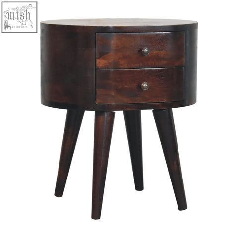 Dark brown wooden nightstand with two drawers and tapered legs in a light walnut finish mango wood bedside table