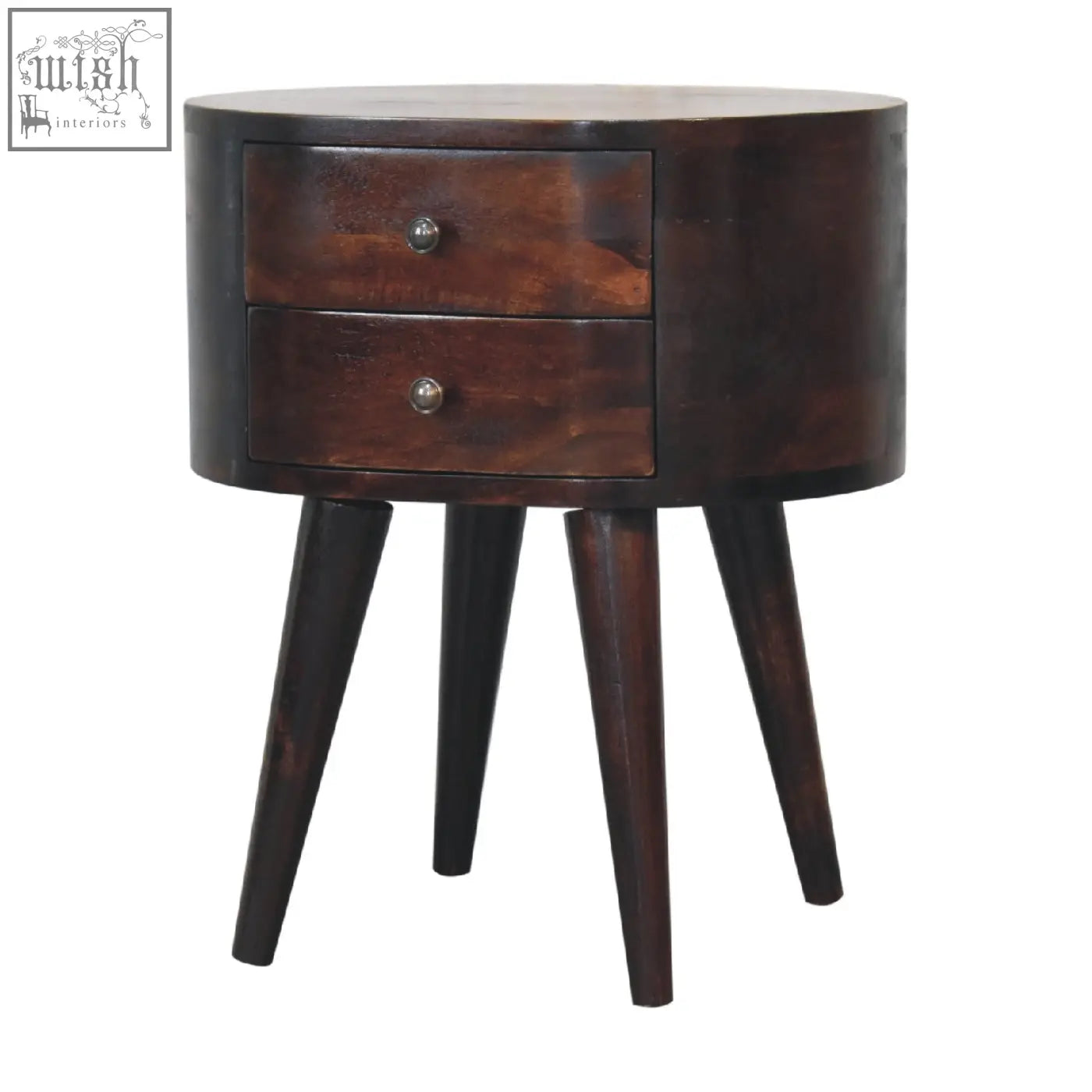 Dark brown wooden nightstand with two drawers and tapered legs in a light walnut finish mango wood bedside table