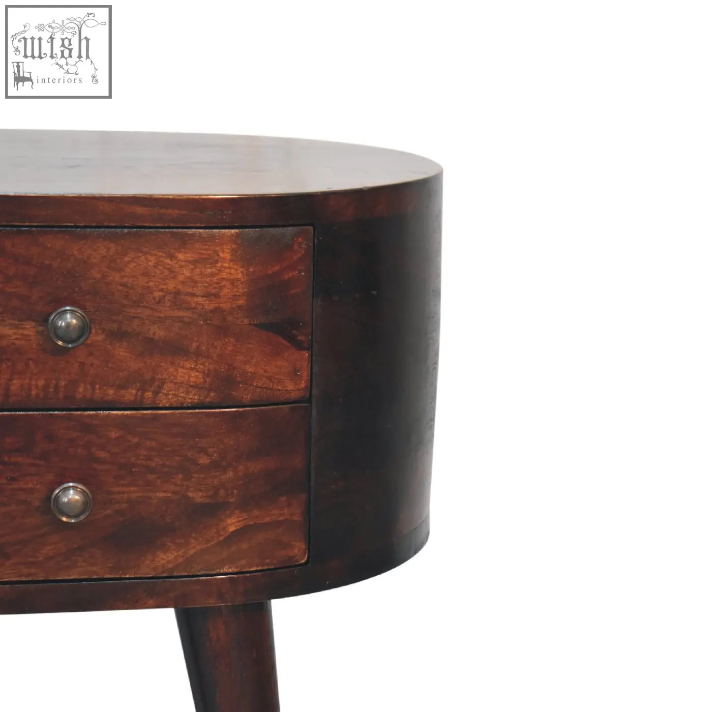 Dark brown mango wood side table with two drawers and round metal knobs in a light walnut finish bedside table style