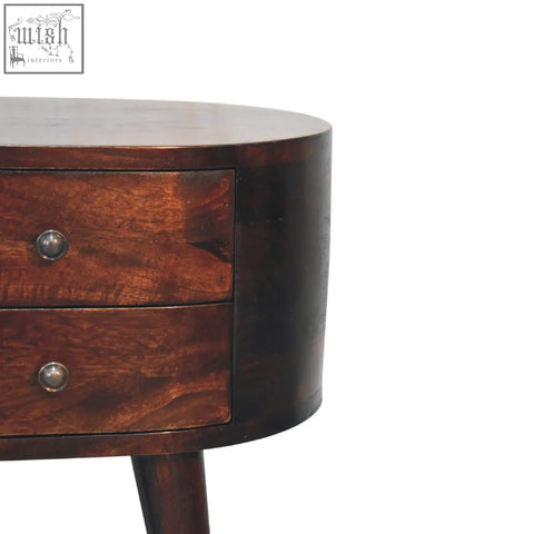 Dark brown mango wood side table with two drawers and round metal knobs in a light walnut finish bedside table style