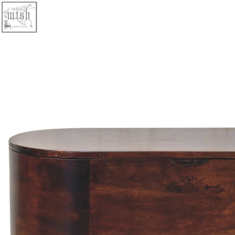 Dark brown wooden sideboard with rounded lid-up top and visible wood grain perfect as a blanket box storage bench