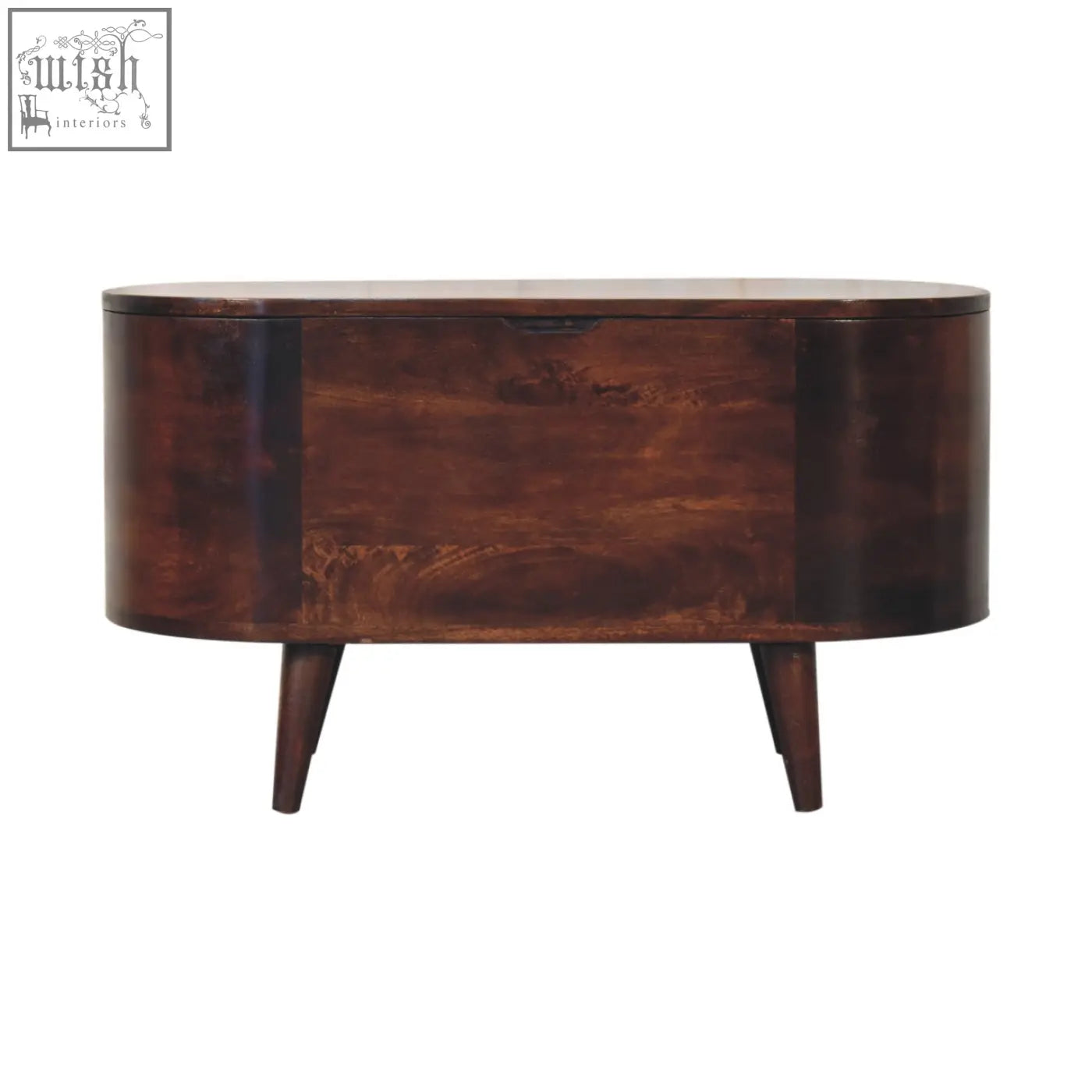Dark brown oval wooden sideboard with single drawer and tapered legs next to light walnut rounded lid-up blanket box storage bench
