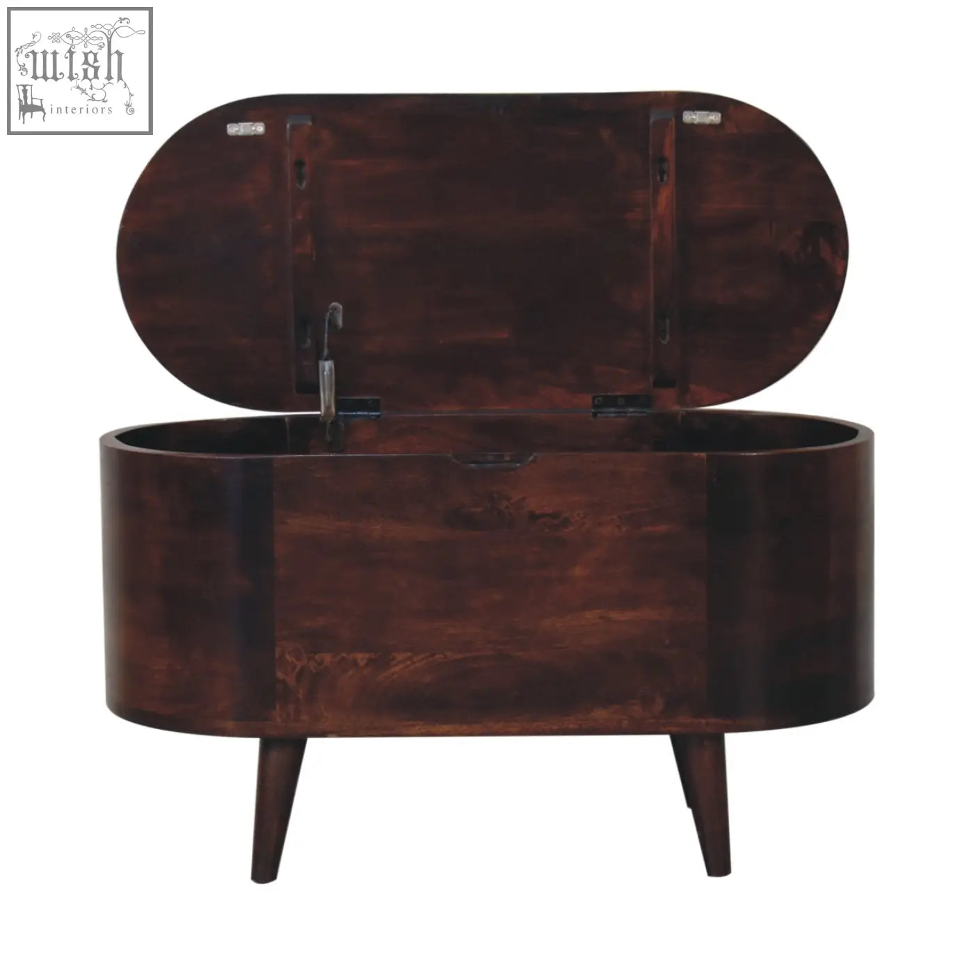 Dark brown wooden blanket box with rounded lid-up design and tapered legs for light walnut linen storage