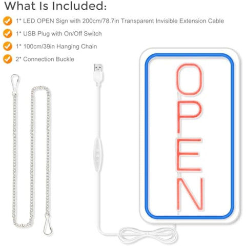 Lightingwill led neon open sign with red and blue ultra bright dimmable neon open and transparent usb cable extension