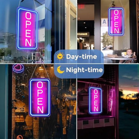 Vibrant pink and blue neon open sign in a rectangular frame glowing brightly for business windows and stores