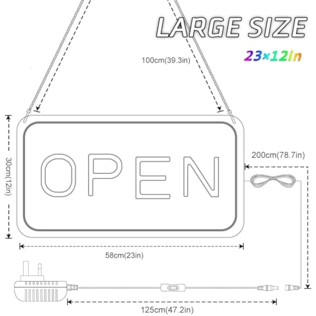 Large rectangular led open sign with sleek white frame and yellow white illuminated lettering for business use