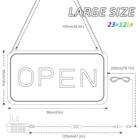 Large rectangular led open sign with sleek white frame and yellow white illuminated lettering for business use