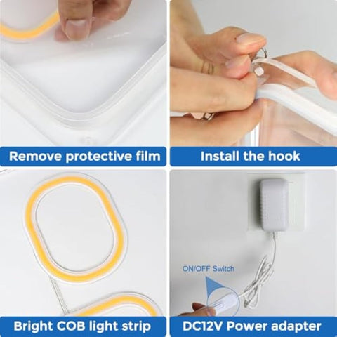 A flexible bright yellow cob led open sign light strip with white protective film and hook for easy wall mounting