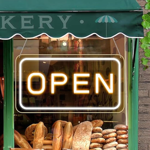 Lightingwill led neon open sign glowing warm yellow with rectangular frame for business windows and shops