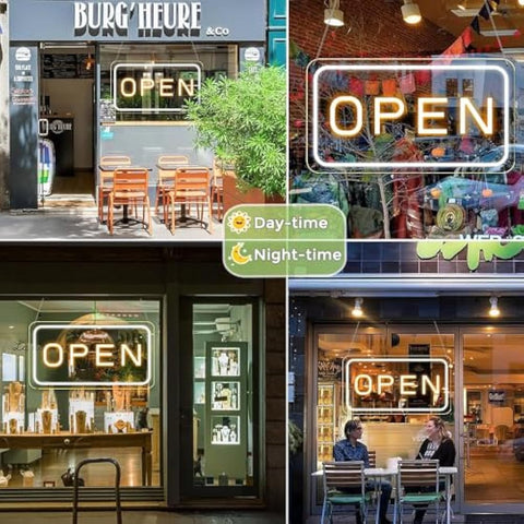 Lightingwill led neon open sign with glowing yellow letters in rectangular frame for shops and restaurants