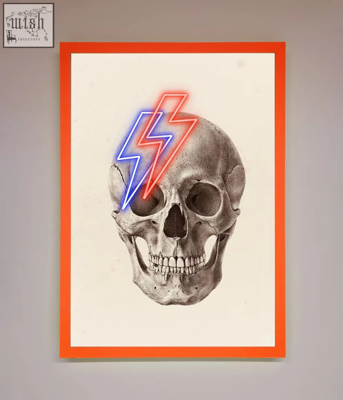 A lightning skull framed print with a pencil sketch skull and blue and red neon lightning bolts in an orange border