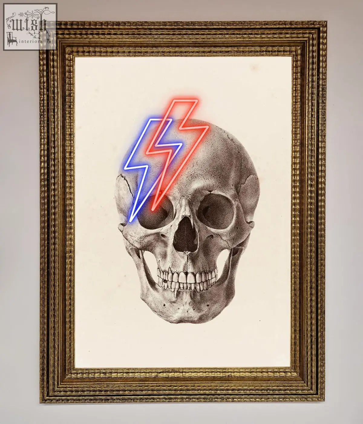 A detailed graphite skull framed print with red and blue neon lightning bolts titled lightning skull framed print