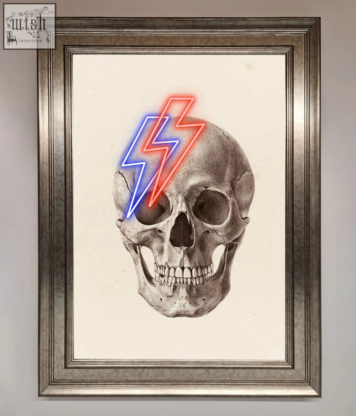 A lightning skull framed print featuring a pencil skull sketch with red and blue neon lightning bolts on the forehead