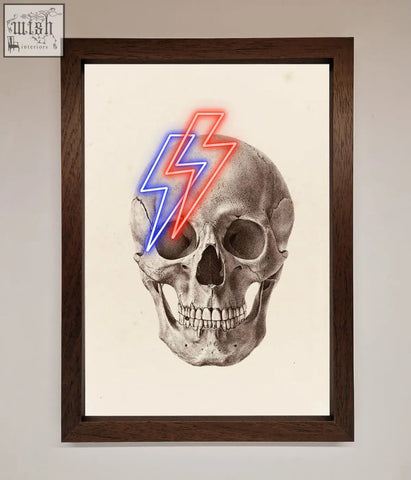 A lightning skull framed print featuring a detailed pencil sketch skull with blue and red neon lightning bolts
