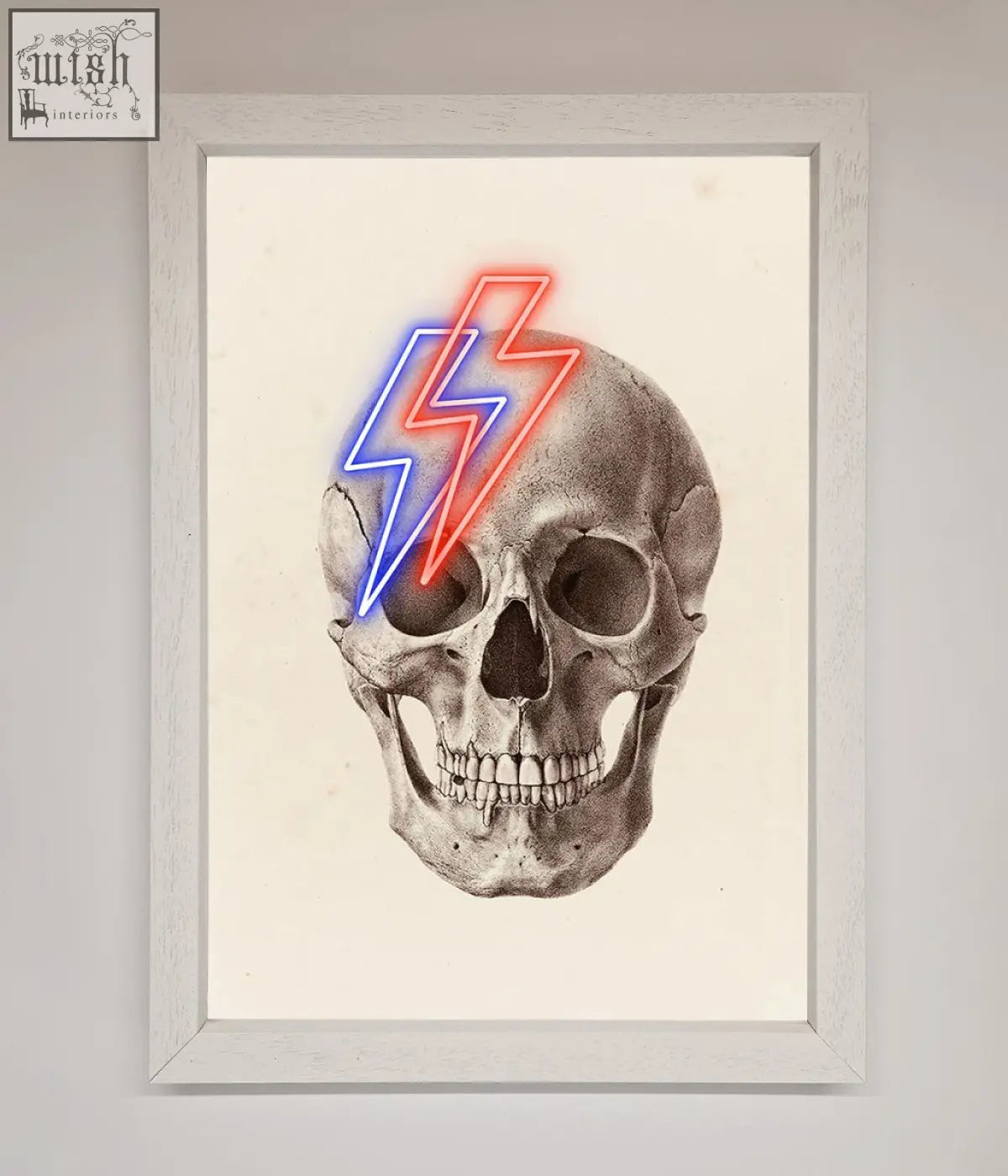 A lightning skull framed print featuring a detailed pencil skull with red and blue neon lightning bolts on the forehead
