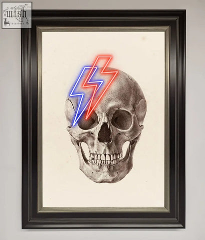 A lightning skull framed print with a detailed pencil skull sketch and red and blue neon lightning bolts on the forehead
