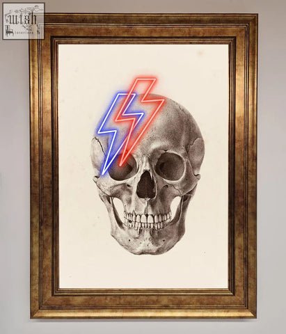 A lightning skull framed print featuring a pencil skull sketch with red and blue neon lightning bolts over eye sockets