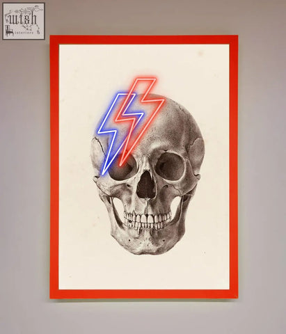 A lightning skull framed print showing a pencil skull sketch with red and blue neon lightning bolts on the forehead