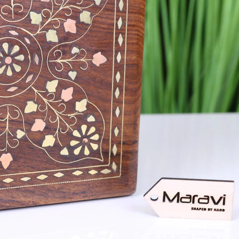 Handcrafted lila sheesham wood trinket box with intricate brass inlay and cream pink floral patterns