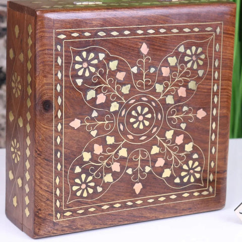 A rich brown lila sheesham wood trinket box with intricate yellow and pink floral inlay patterns perfect for storing keepsakes