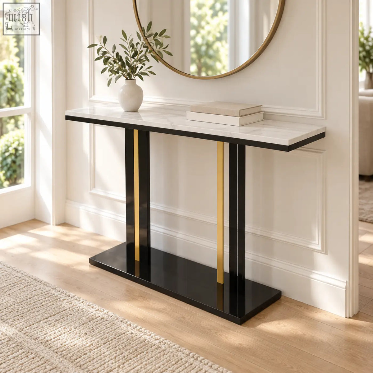 Modern lilesville 118cm console table with white marble top and black gold metal legs for stylish entryways