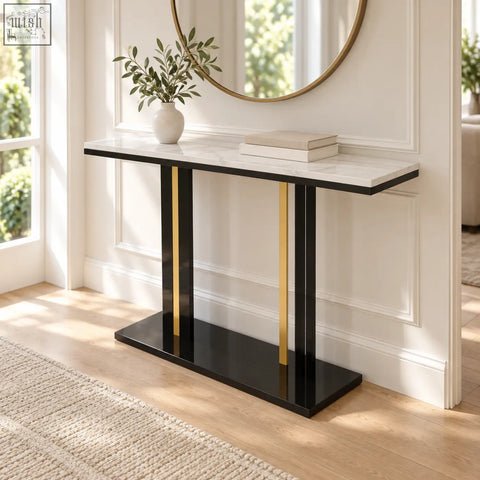 Modern lilesville 118cm console table with white marble top and black gold metal legs for stylish entryways