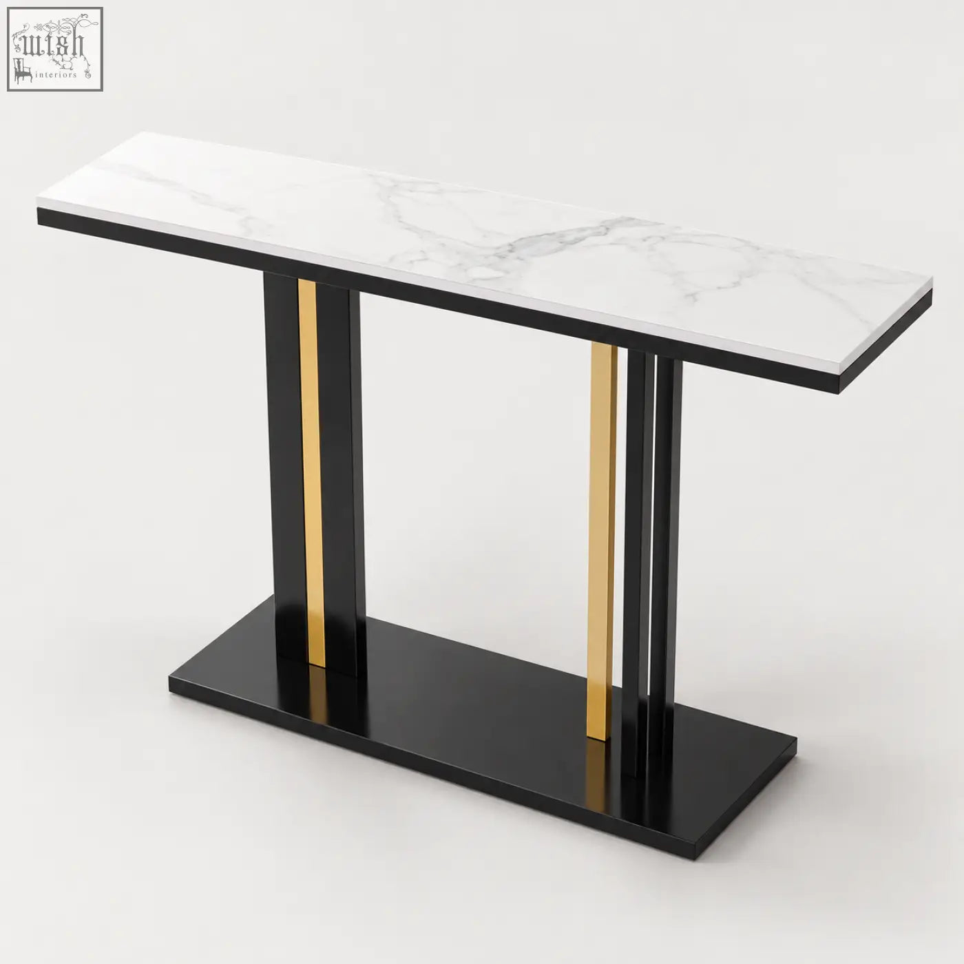 Modern lilesville 118cm console table with white marble effect top and black gold metal legs perfect for entryways