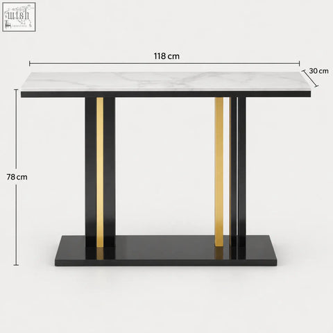 Modern lilesville 118cm console table with white marble effect top and black gold metal legs for stylish storage
