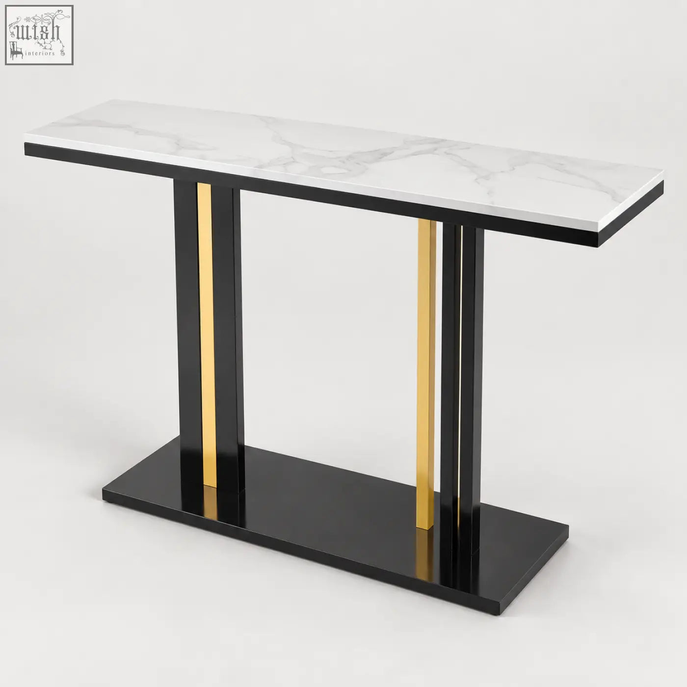 Modern lilesville 118cm console table with white marble effect top and black gold metal legs