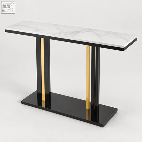 Modern lilesville 118cm console table with white marble effect top and black gold metal legs