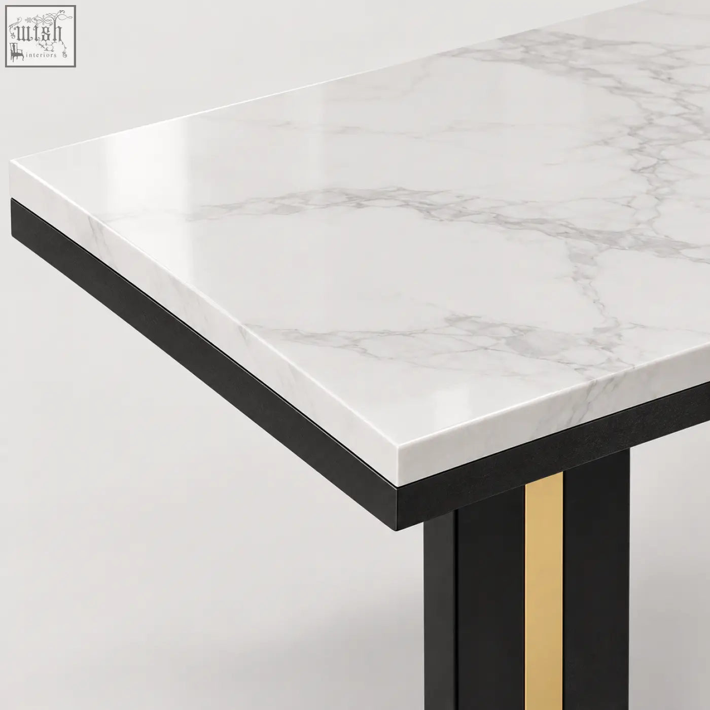 Modern lilesville 118cm console table with glossy white marble effect top and black legs accented with gold stripes