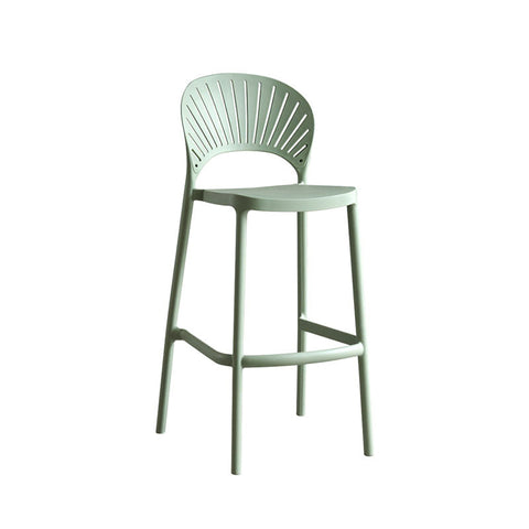 A sleek lilith bar stool with a light sage green plastic seat and backrest featuring vertical slats